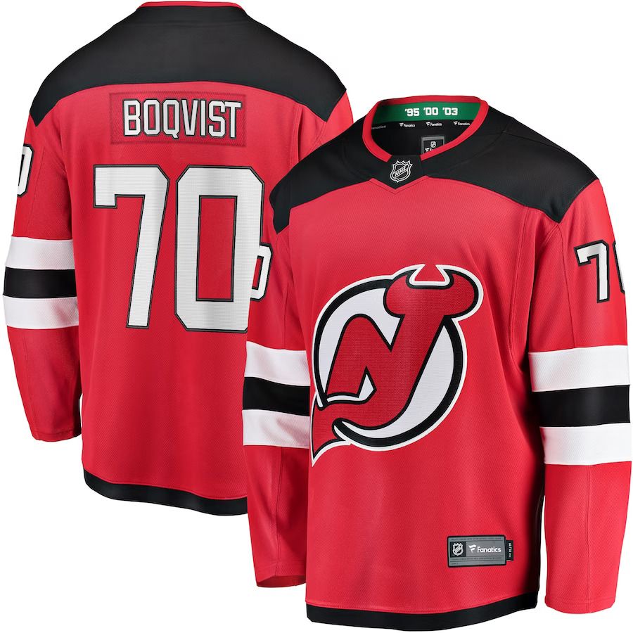 Men New Jersey Devils 70 Jesper Boqvist Fanatics Branded Red Home Breakaway Player NHL Jersey